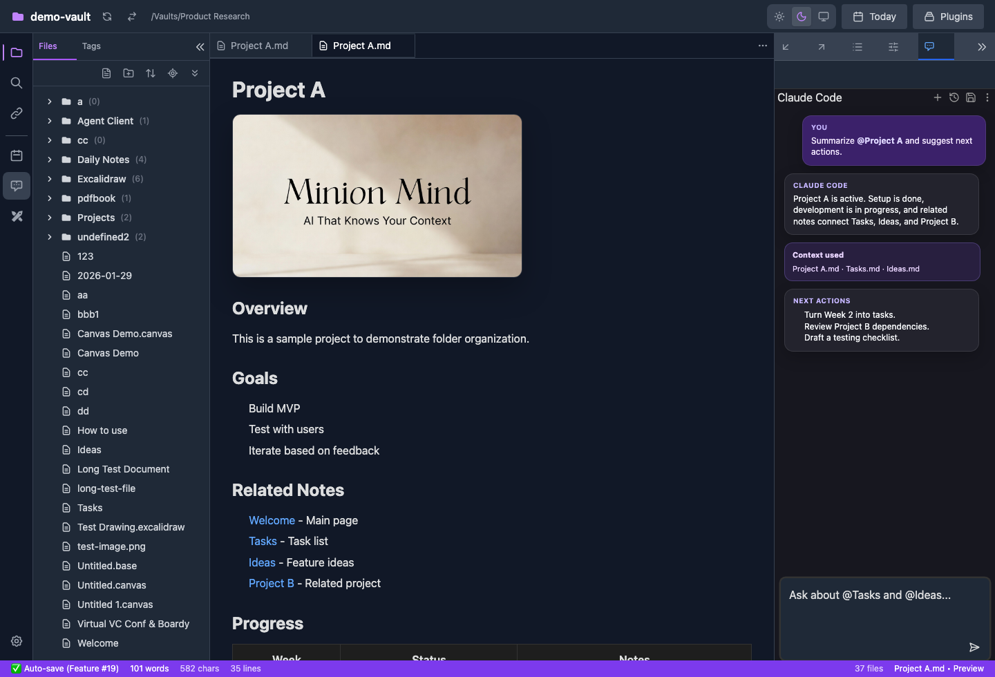 Minion Mind workspace showing a local vault, reading view, and Agent Client chat
